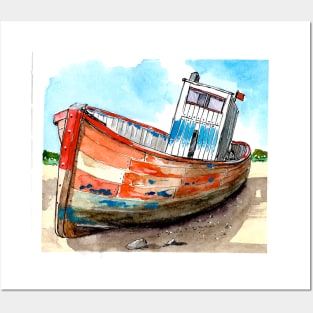 Watercolour Art - Beached Boat Posters and Art
